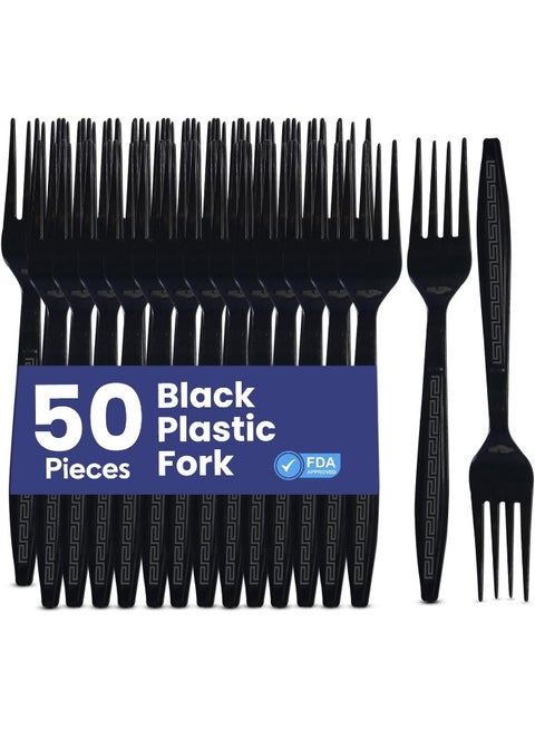 SNH Packing Black Plastic Fork - Heavyweight Disposable Fork, Heavy Duty Black Cutlery - Plastic Utensils - Perfect For Parties And Restaurants - 50 Pieces